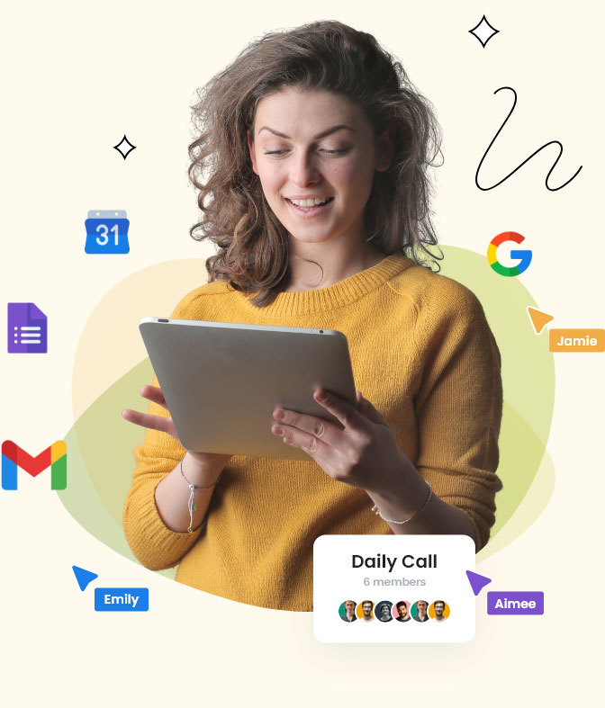 A person sitting with Google tools like Gmail, Calendar, or Forms.