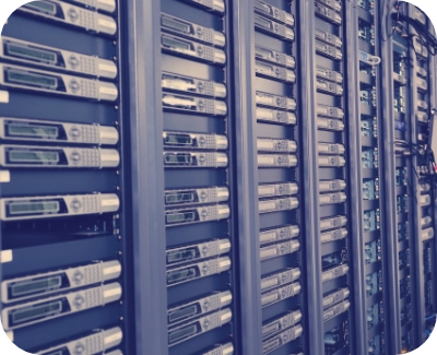 Professional data center interior with server racks and redundant power systems